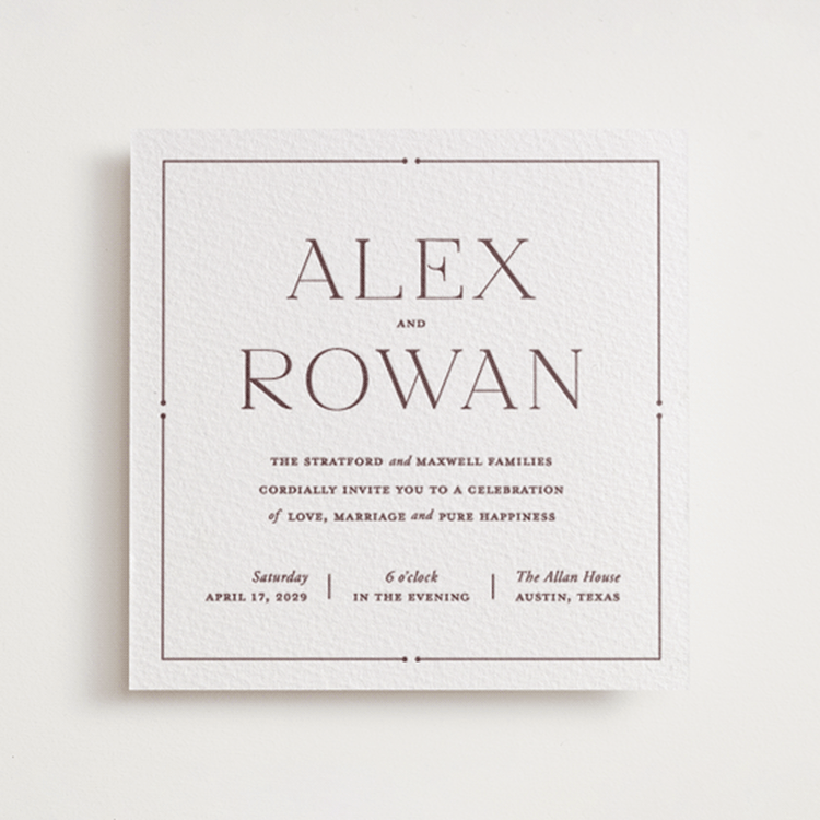"Quiet Luxury" - Letterpress Wedding Invitations in Clove by Oscar and Emma - Karly Depew - Front