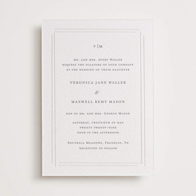 "Clarion" - Letterpress Wedding Invitations in Smoke | Blind Deboss by Jelena Vuletic - Front
