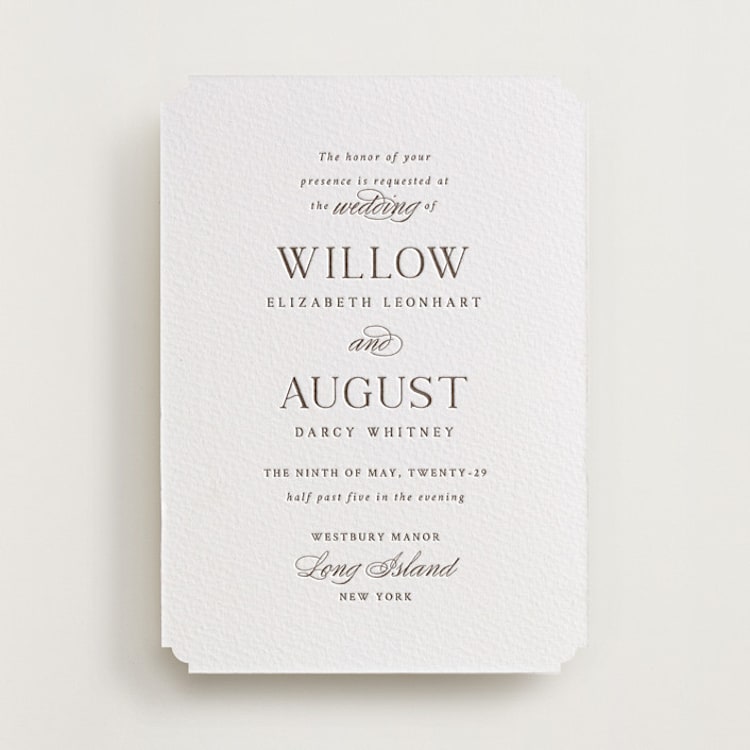 "Willow" - Letterpress Wedding Invitations in Cacao Bean by Snow and Ivy - Front