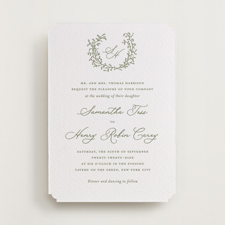 "Garden Script" - Letterpress Wedding Invitations in Artichoke by Katherine Moynagh - Front