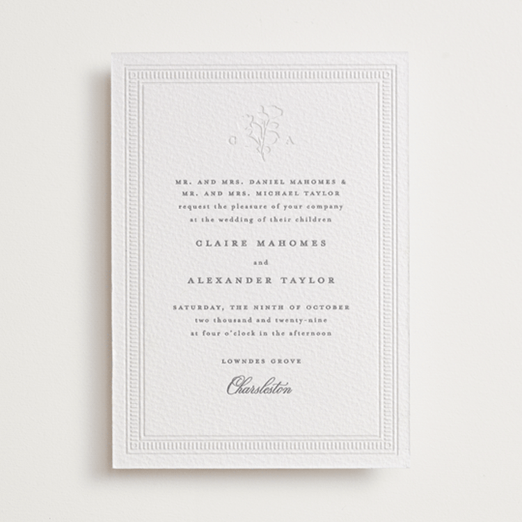 "Heirloom" - Letterpress Wedding Invitations in Smoke by Creo Study - Front