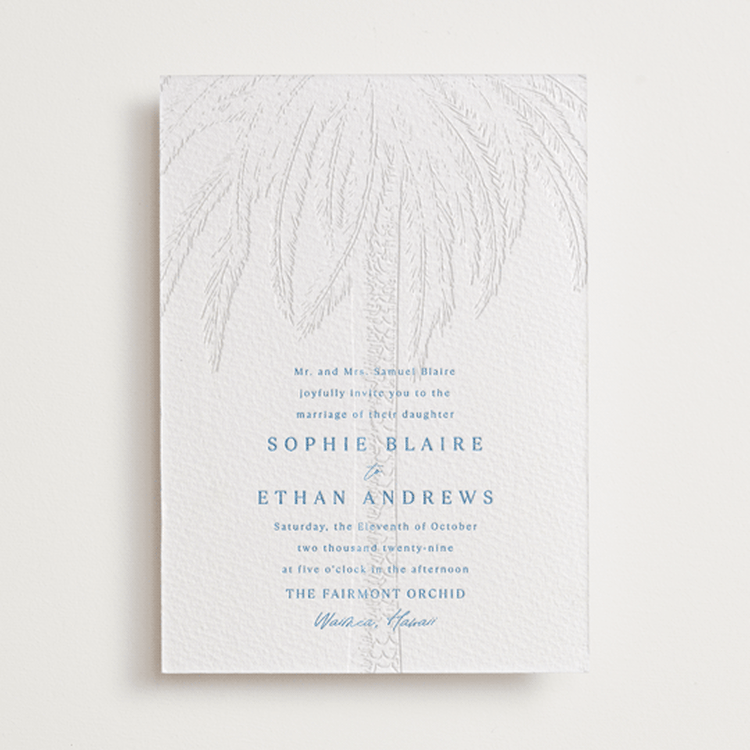 "Palm Tree" - Letterpress Wedding Invitations in Marine Blue by Kaydi Bishop - Front