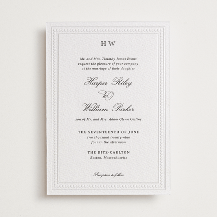 "The Ritz" - Letterpress Wedding Invitations in Soft Black by Jenna Holcomb - Front