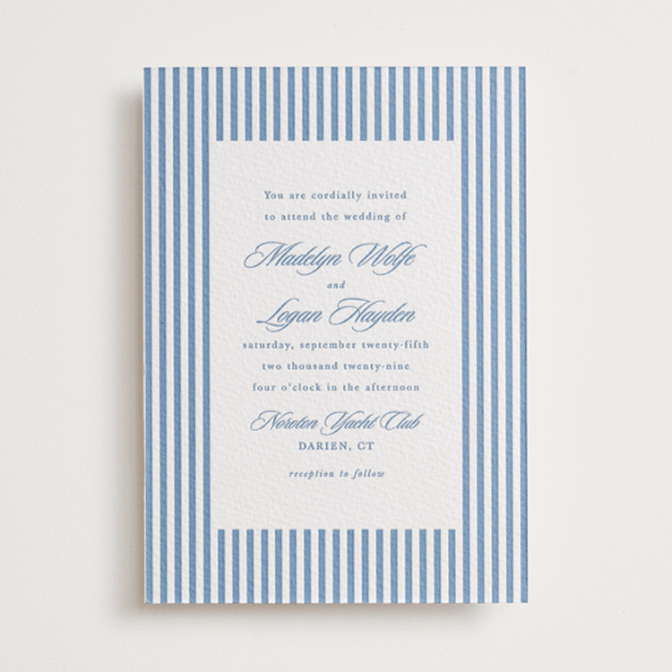 "Catamaran" - Letterpress Wedding Invitations in Pacific Blue by Morgan Kendall - Front