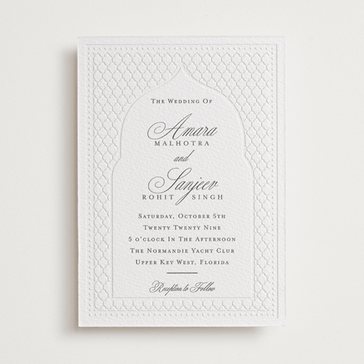 "Kamal" - Letterpress Wedding Invitations in Soft Black by Oma N. Ramkhelawan - Front
