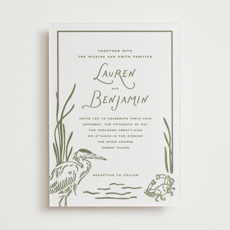 "Marshland" - Letterpress Wedding Invitations in Artichoke by Oscar and Emma - Karly Depew - Front