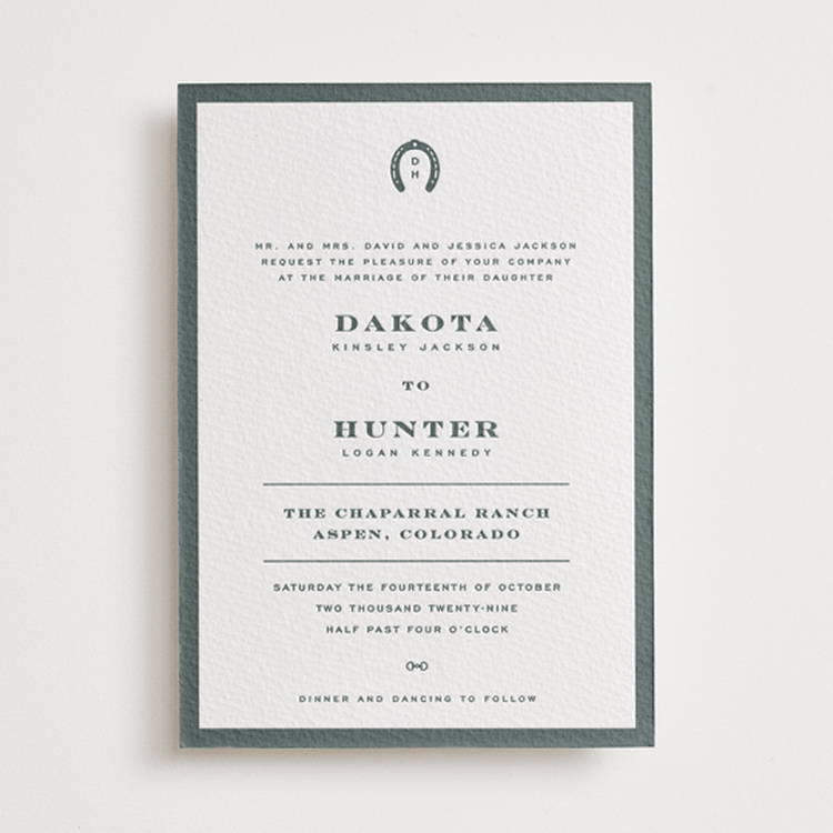 "The Ranch" - Letterpress Wedding Invitations in Slate by Jenna Holcomb - Front