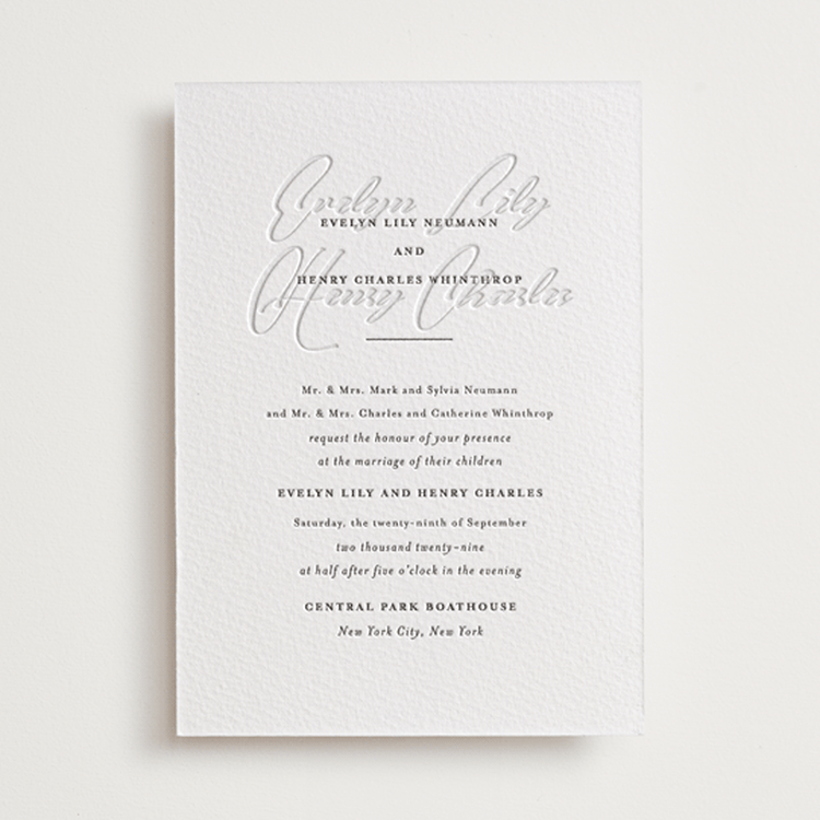 "Bespoke" - Letterpress Wedding Invitations in Soft Black | Blind Deboss by Meggy Masters - Front