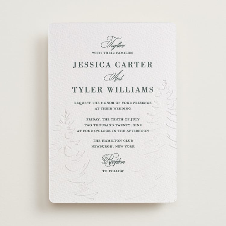 "Evergreen" - Letterpress Wedding Invitations in Slate by Teju Reval - Front