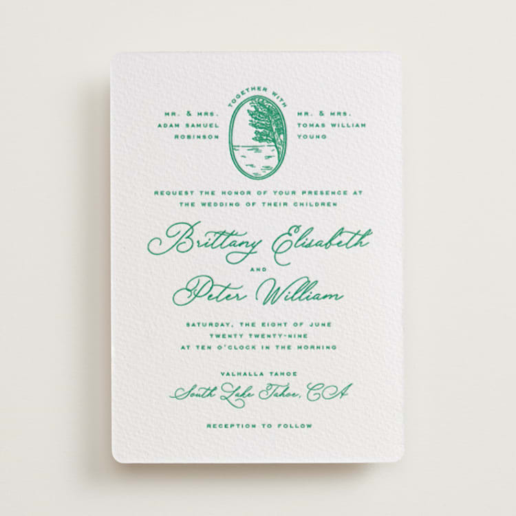 "Lakeview" - Letterpress Wedding Invitations in Racing Green by Claudia Orengo - Front