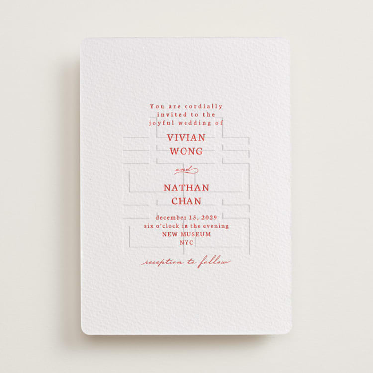 "simply happy" - Letterpress Wedding Invitations in Ruby by Deborah Chou - Front
