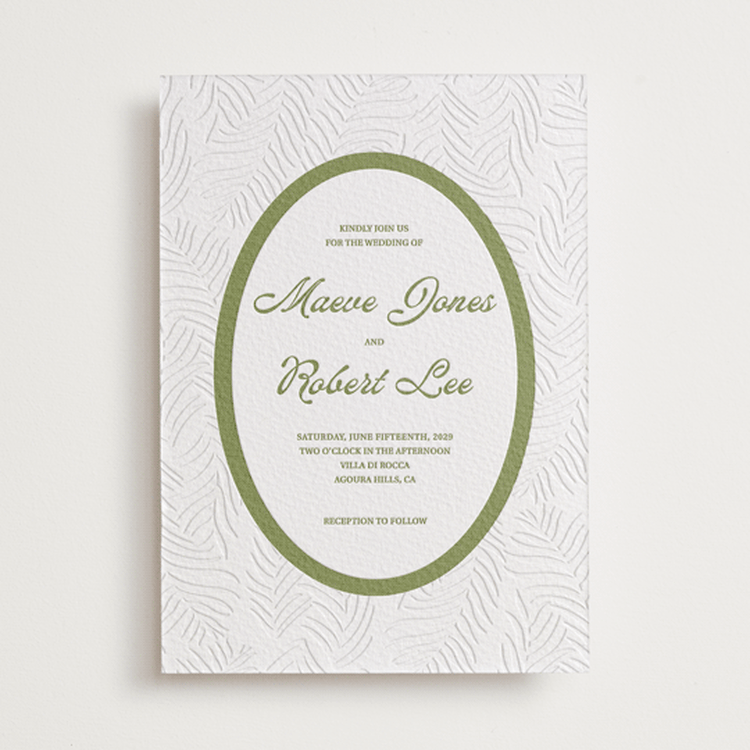 "Palm Shade" - Letterpress Wedding Invitations in Olive | Blind Deboss by Julia Liverton - Front