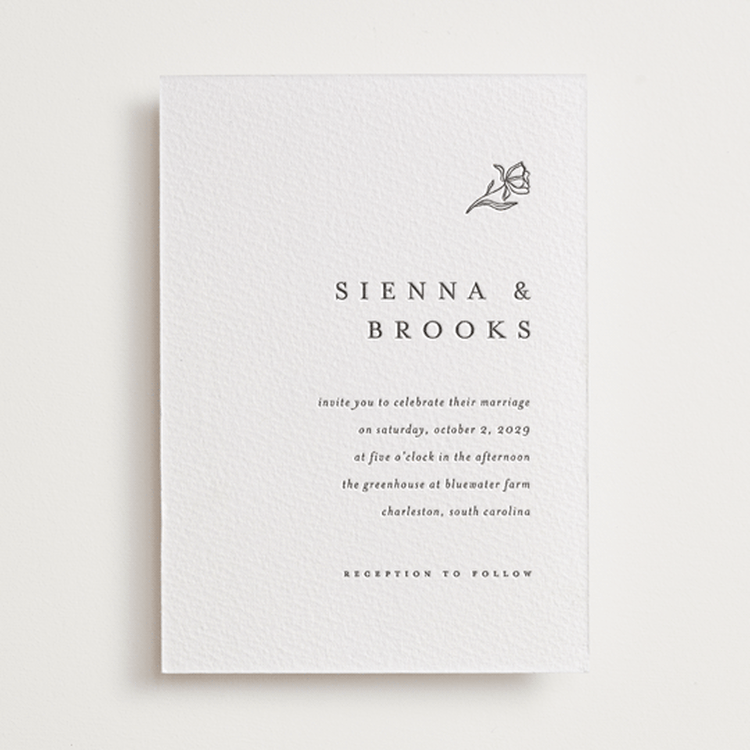 "Floral Cascade" - Letterpress Wedding Invitations in Soft Black by Pixel and Hank - Front