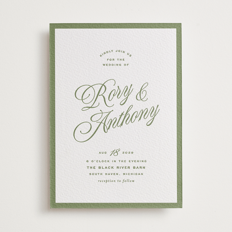 "rory" - Letterpress Wedding Invitations in Olive by Ellen Schlegelmilch - Front