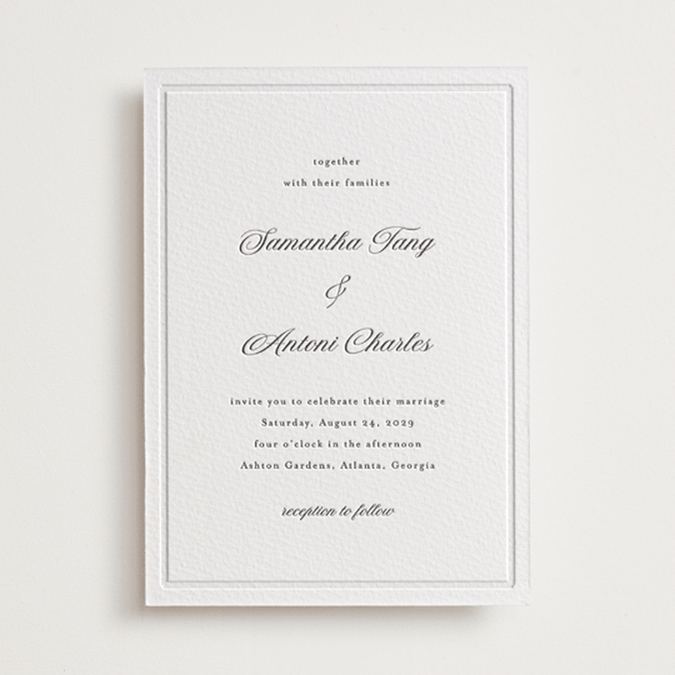 "Tux" - Letterpress Wedding Invitations in Soft Black by Nicole Walsh - Front