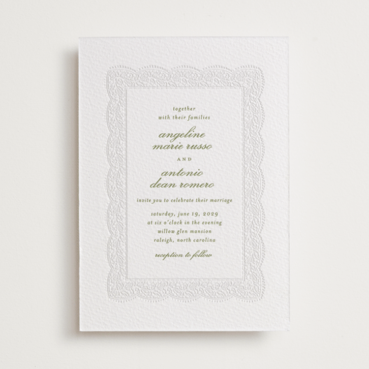 "Chantilly" - Letterpress Wedding Invitations in Pistachio by Erica Krystek - Front