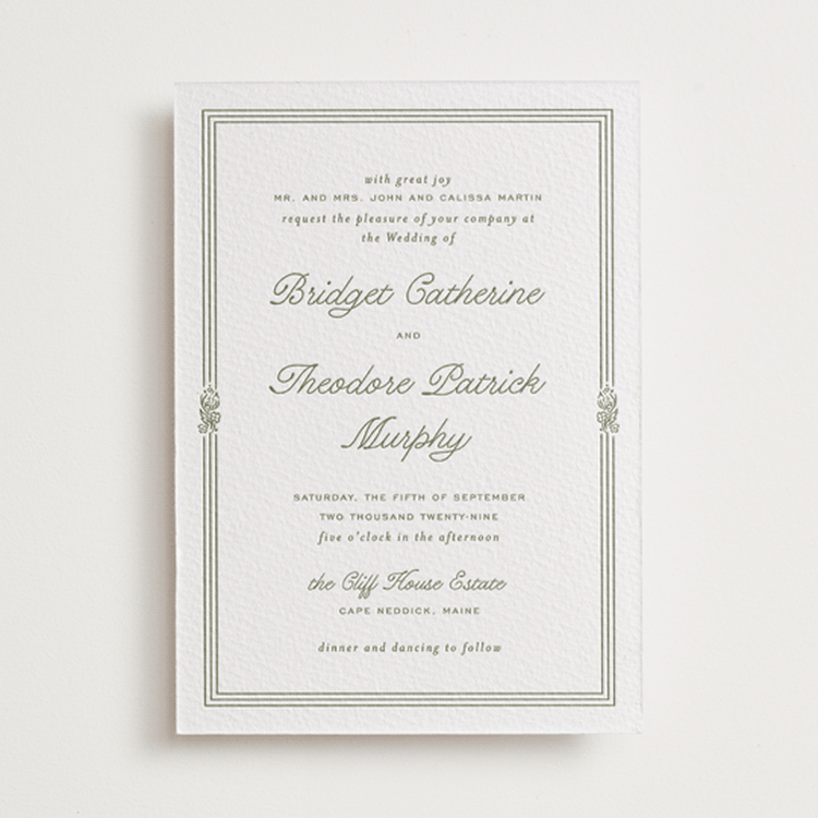 "Court" - Letterpress Wedding Invitations in Artichoke by Kate Ahn - Front