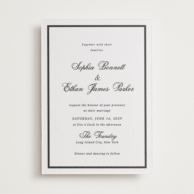 "Chic Union" - Letterpress Wedding Invitations in Soft Black by Cass Loh - Front