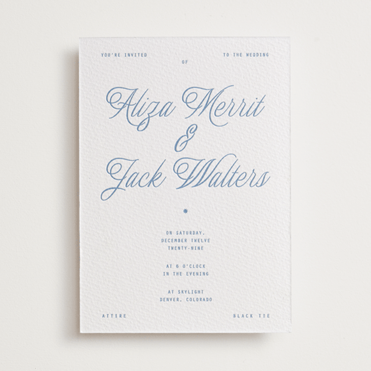 "Cheers" - Letterpress Wedding Invitations in Pacific Blue by Blustery August - Front