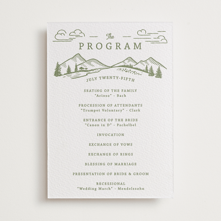 "On The Horizon" - Letterpress Wedding Programs in Olive by Paper Sun Studio - Front