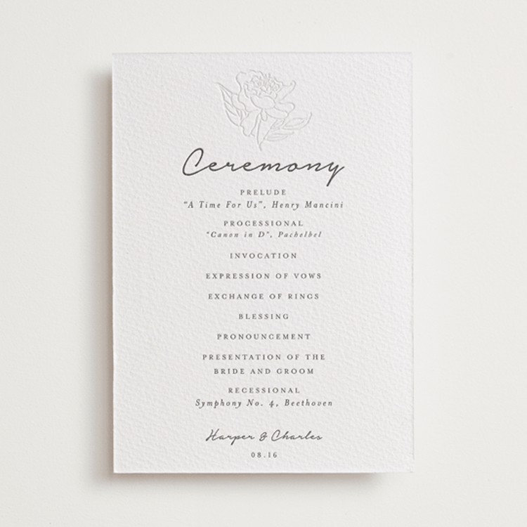 "my dearest" - Letterpress Wedding Programs in Blind Deboss | Soft Black by Qing Ji - Front