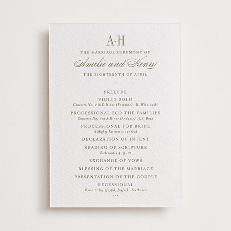 "Hepburn" - Letterpress Wedding Programs in Artichoke by Megan Davis - Front