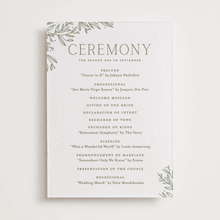 "Beauty of Nature" - Letterpress Wedding Programs in Artichoke by Oscar and Emma - Karly Depew - Front