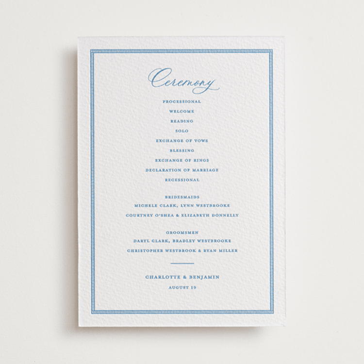 "Starboard" - Letterpress Wedding Programs in Lapis by Pixel and Hank - Front