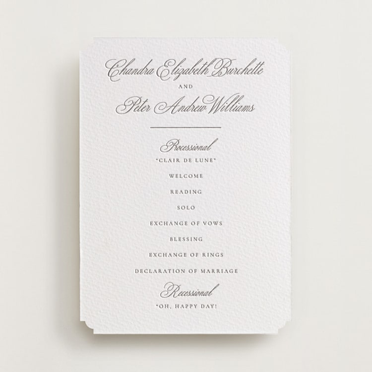 "Calligraphie" - Letterpress Wedding Programs in Graphite by Wildfield Paper Co - Front
