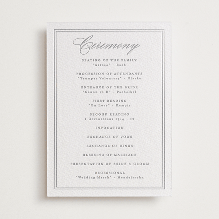 "Monogrammed eternity" - Letterpress Wedding Programs in Granite by Creo Study - Front