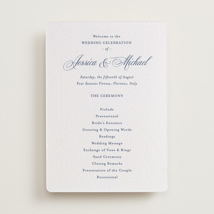 "Empire" - Letterpress Wedding Programs in Blueberry by Jennifer Postorino - Front