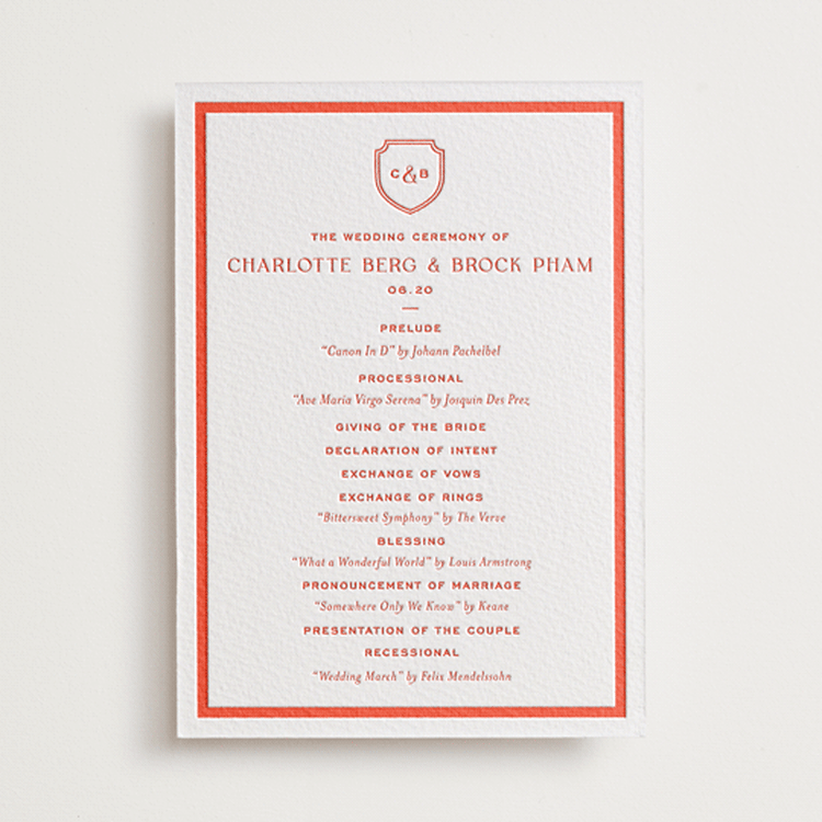 "Racquet" - Letterpress Wedding Programs in Verona Sunset by Megan Davis - Front