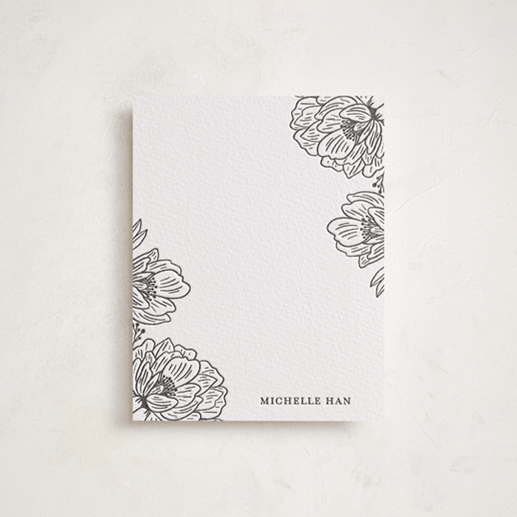 "Posh Peonies" - Personalized Stationery Cards in Soft Black by Nicole Barreto - Front