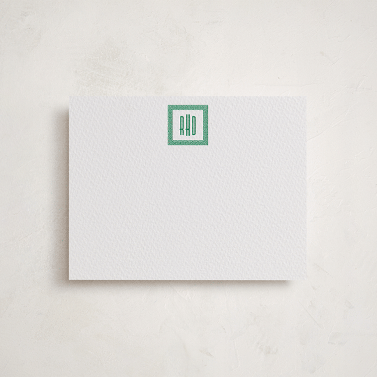"Foursquare Monogram" - Personalized Stationery Cards in Emerald by Olivia Raufman - Front