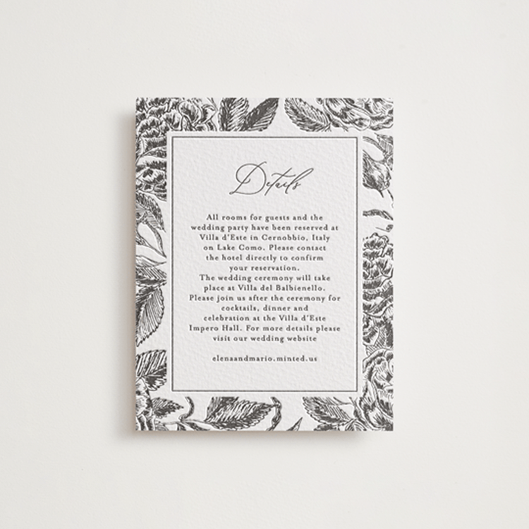 "Etchings of Roses" - Letterpress Reception Cards in Soft Black by Chris Griffith - Front