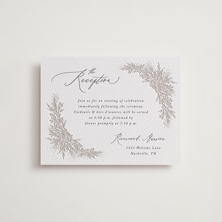 "Romantic Whisper" - Letterpress Reception Cards in Smoke | Dove Grey by Jennifer Postorino - Front