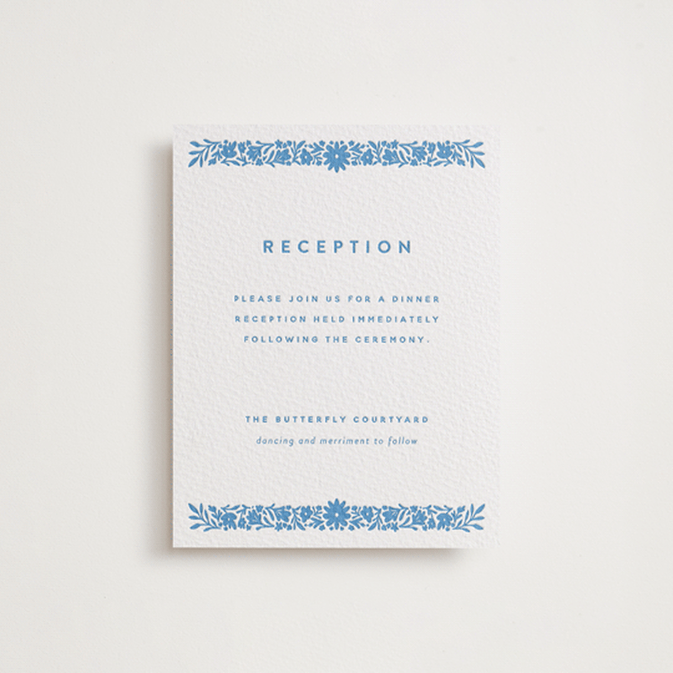 "Floral Stamp" - Letterpress Reception Cards in Marine Blue by Stephanie Hawkes - Front