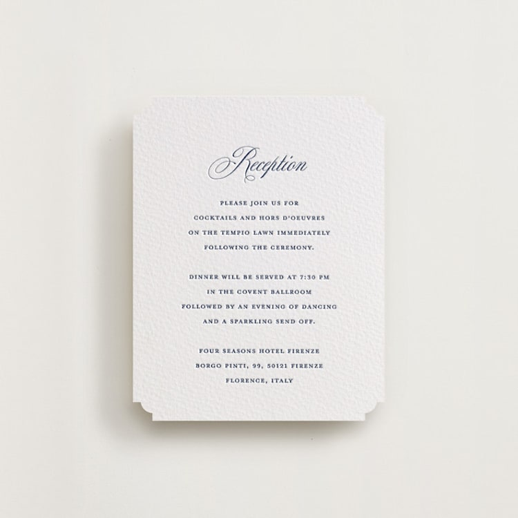 "Empire" - Letterpress Reception Cards in Blueberry by Jennifer Postorino - Front