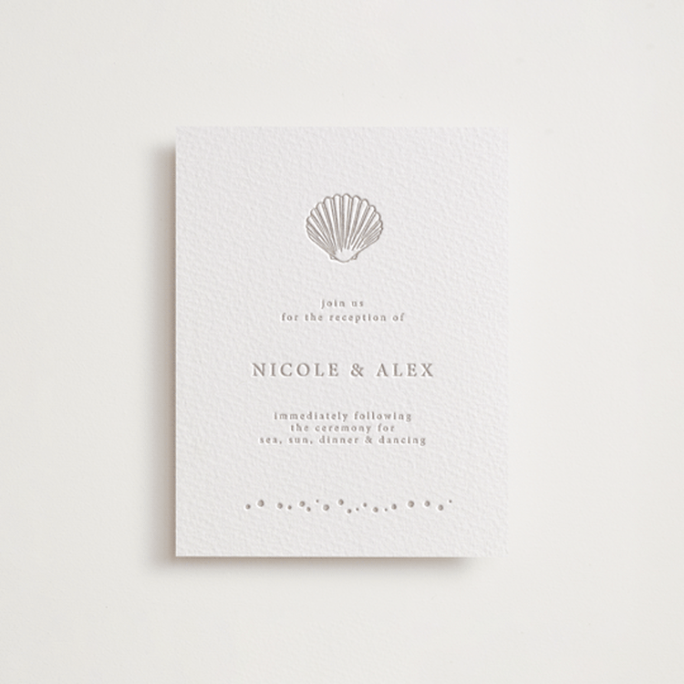 "Simple Seashell" - Letterpress Reception Cards in Dove Grey by Hannah Bowman - Front