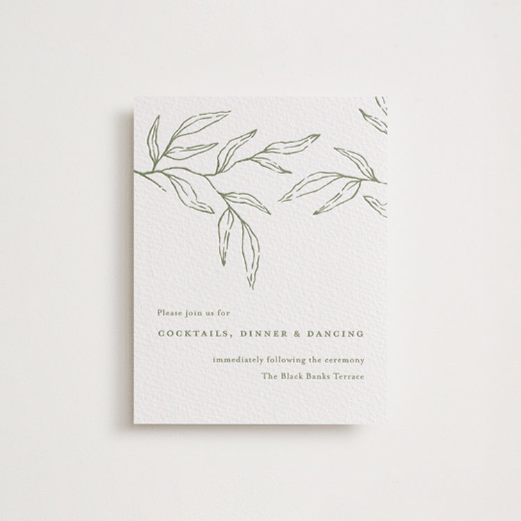 "Amidst Nature" - Letterpress Reception Cards in Olive by Oscar and Emma - Karly Depew - Front