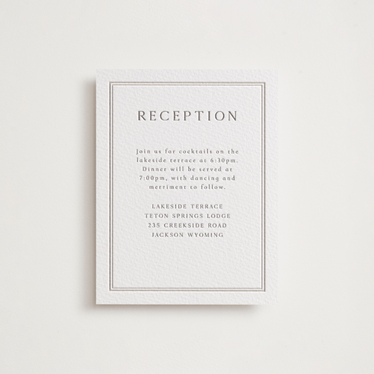 "Formal Serif" - Letterpress Reception Cards in Graphite | Dove Grey by Nicole Walsh - Front