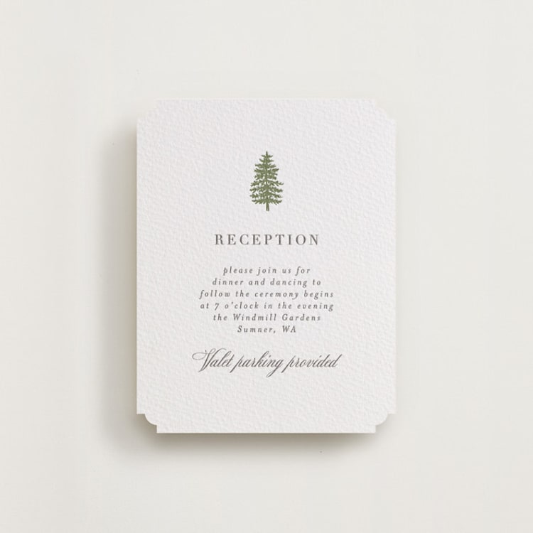 "Evergreens" - Letterpress Reception Cards in Artichoke | Graphite by Itsy Belle Studio - Front