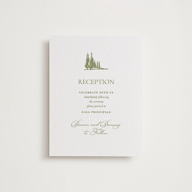"Vineyard Elegance" - Letterpress Reception Cards in Olive by Lucrecia Caporale - Front