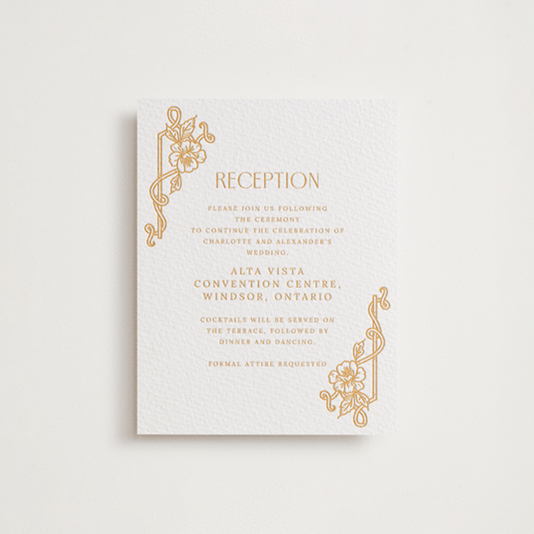 "Nouveau Peony" - Letterpress Reception Cards in Saffron by Selima Akhter - Front