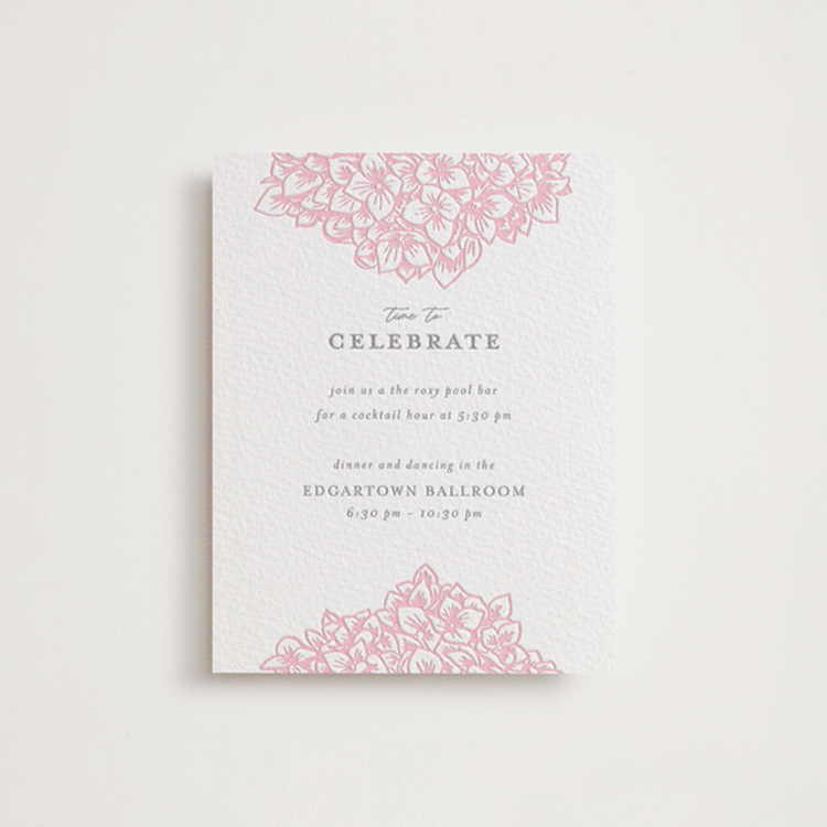 "Hydrangea Blooms" - Letterpress Reception Cards in Peony | Granite by Paula Pecevich - Front