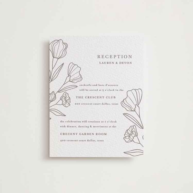 "Bouvardia" - Letterpress Reception Cards in Graphite by Deynaaz Daraei - Front