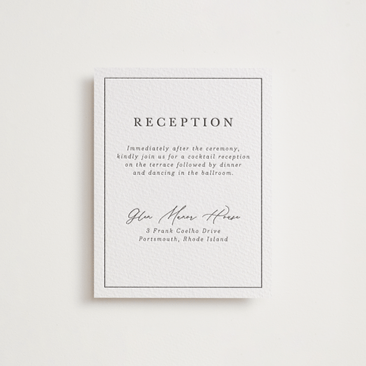 "Modern Classic" - Letterpress Reception Cards in Soft Black by Tamara Hilje - Front