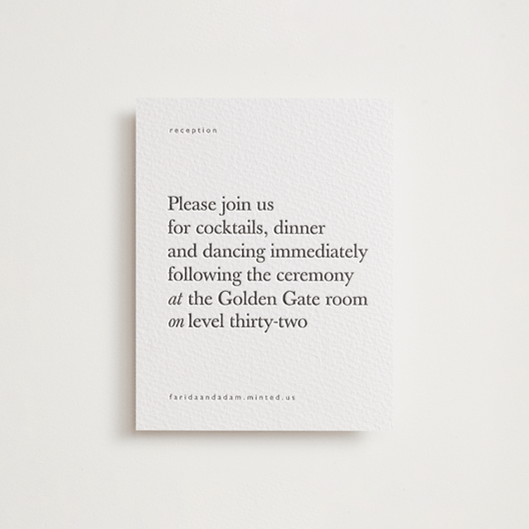 "Westin" - Letterpress Reception Cards in Soft Black by Hudson meet Rose - Front