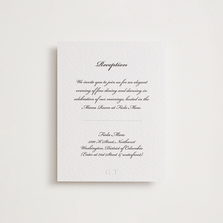"Astor Elegance" - Letterpress Reception Cards in Soft Black | Blind Deboss by Clover and Lamb - Front