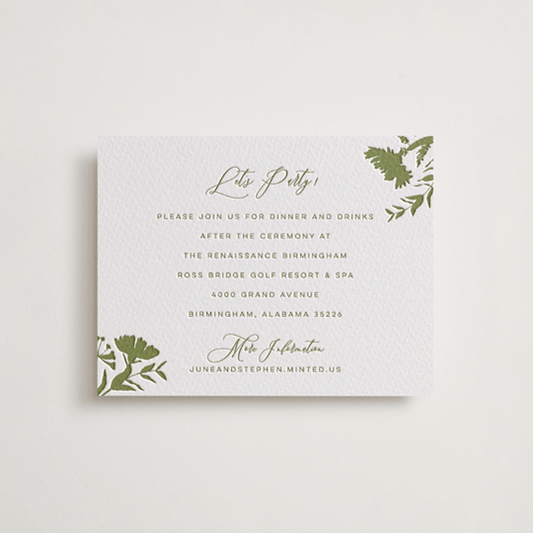 "Untied" - Letterpress Reception Cards in Olive by Erin Hodges - Front